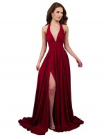 Online A-Line Halter Plunge V-Neckline Open Back Spandex Bridesmaid Dress with Slit