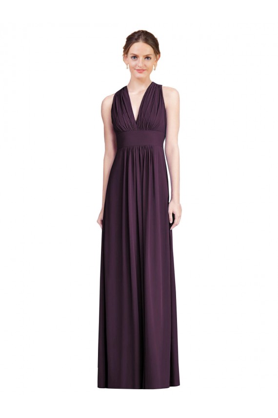 Online Long Chiffon V-Neck Bridesmaid Dress with Shirred Bodice