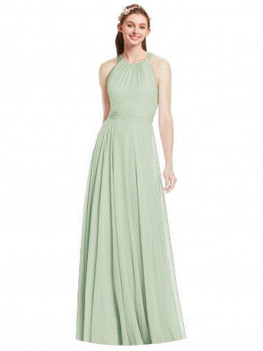 Online Open Back Halter Chiffon Bridesmaid Dress with Flowy Bow