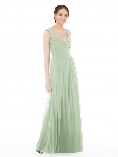 Online Sheer Back Cap Sleeves Long Chiffon Bridesmaid Dress 