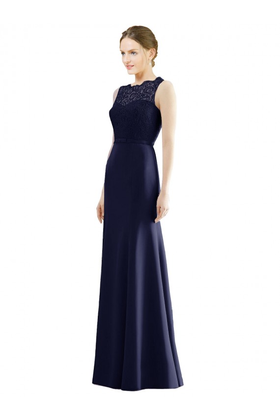 Online Lace Bodice Open Back Trumpet Chiffon Bridesmaid Dress with Bow Belt