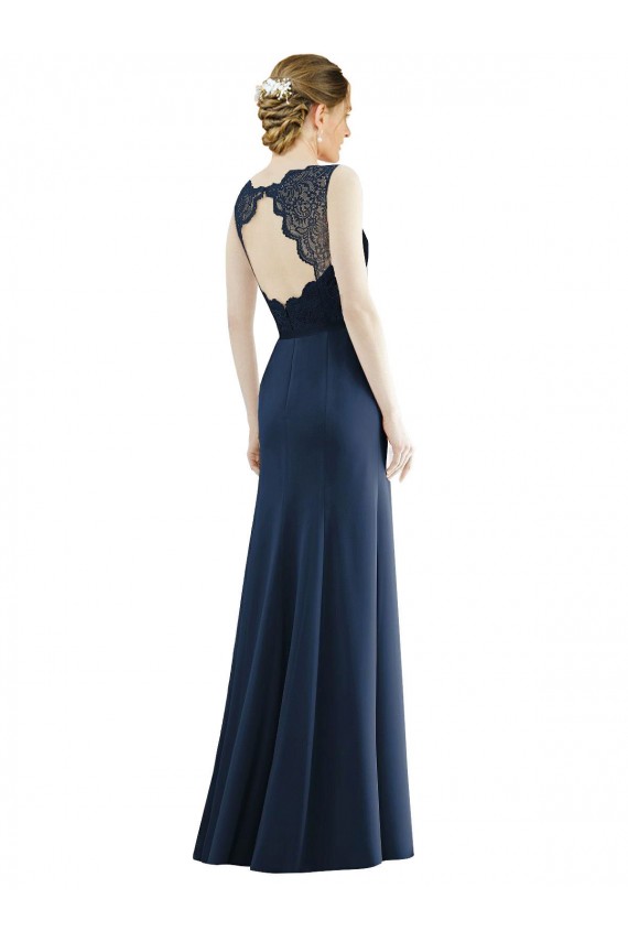 Online Lace Bodice Open Back Trumpet Chiffon Bridesmaid Dress with Bow Belt