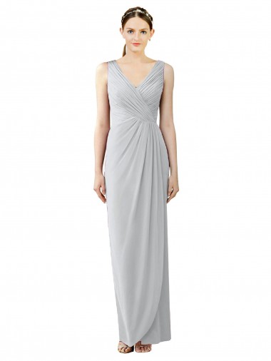 Online Draped Sleeveless Long Chiffon V-Neck Bridesmaid Dress