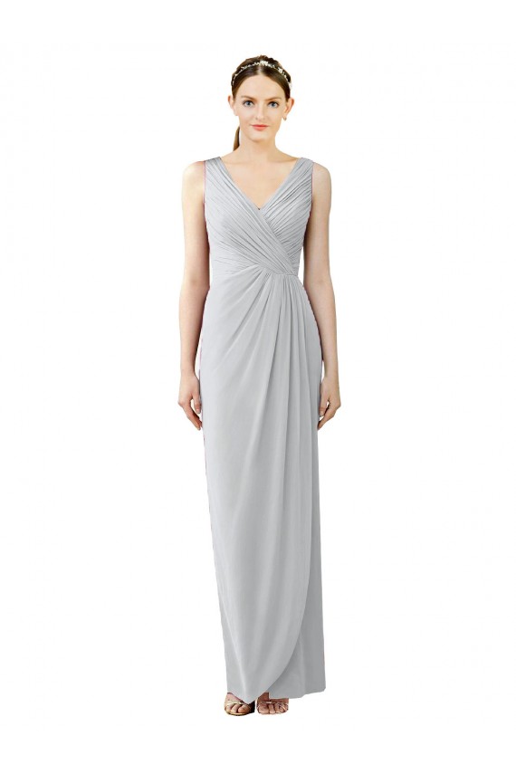 Online Draped Sleeveless Long Chiffon V-Neck Bridesmaid Dress