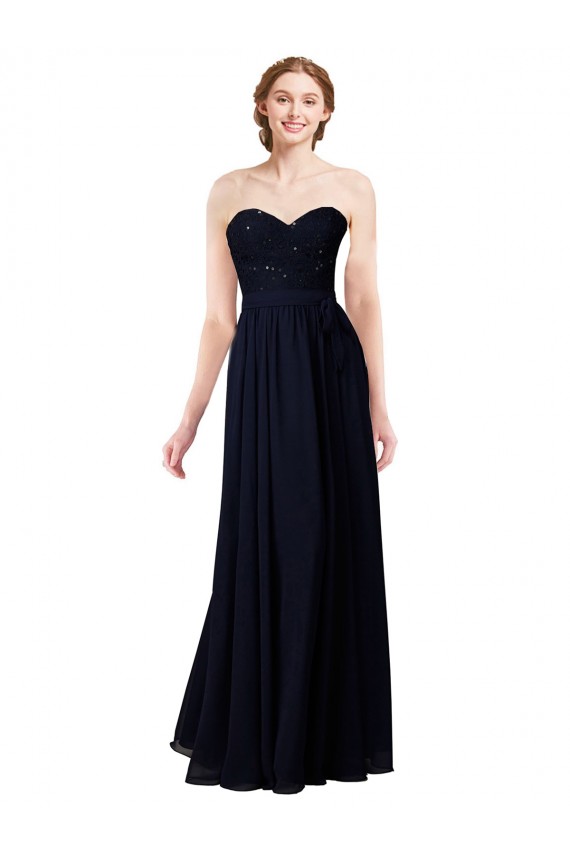 Online Strapless Chiffon Bridesmaids Dress with a Beaded Lace Sweetheart Bodice