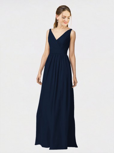 Online Long Chiffon Bridesmaid Dress with Shirred Bodice and V-Neckline