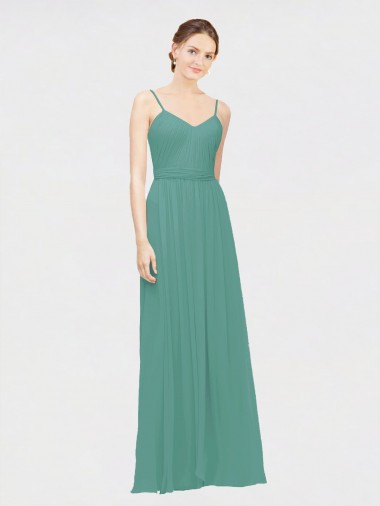 Online Rouched V-Neckline and Spaghetti Straps Long Chiffon Bridesmaid Dress