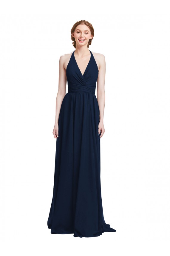 Online Halter Chiffon Bridesmaid Dress with V-Neckline and Criss Cross Waist
