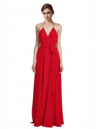 Online V-Neck Spaghetti Halter Strap Chiffon Bridesmaid Dress
