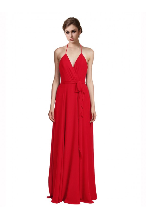 Online V-Neck Spaghetti Halter Strap Chiffon Bridesmaid Dress