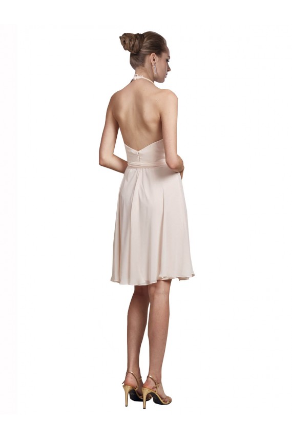 Online Short Knee Length Wrap Chiffon Halter Bridesmaids Dress