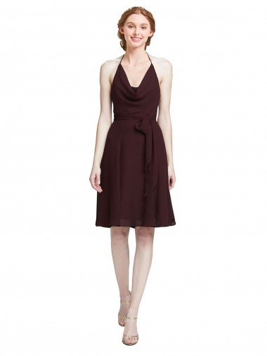 Online Short Knee Length Chiffon Bridesmaids Dress with Halter Cowl Neck