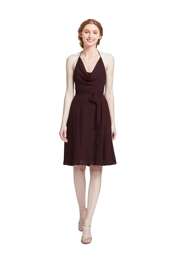 Online Short Knee Length Chiffon Bridesmaids Dress with Halter Cowl Neck