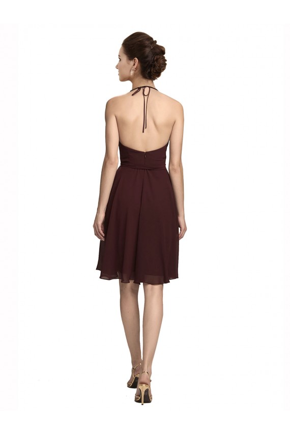 Online Short Knee Length Chiffon Bridesmaids Dress with Halter Cowl Neck