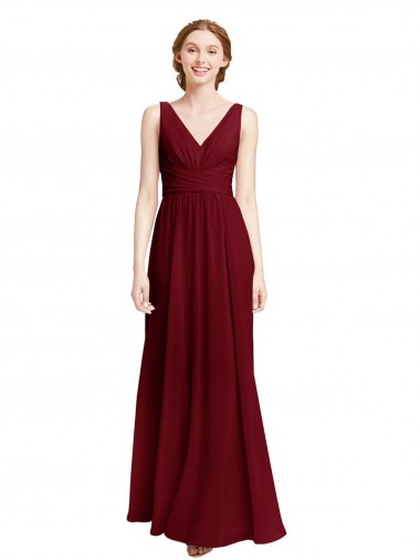 Online Long Chiffon V-Neck Bridesmaids Dress with Double Strap