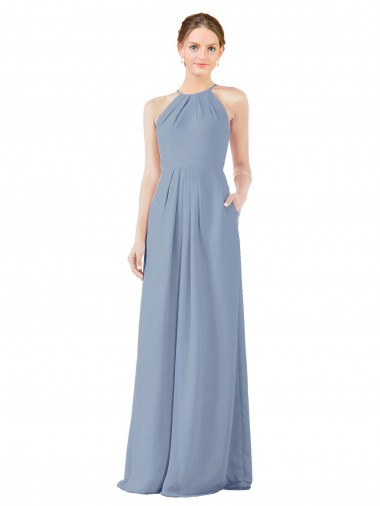 Online Fitted Long High Halter Neck Chiffon Bridesmaid Dress with Keyhole Back