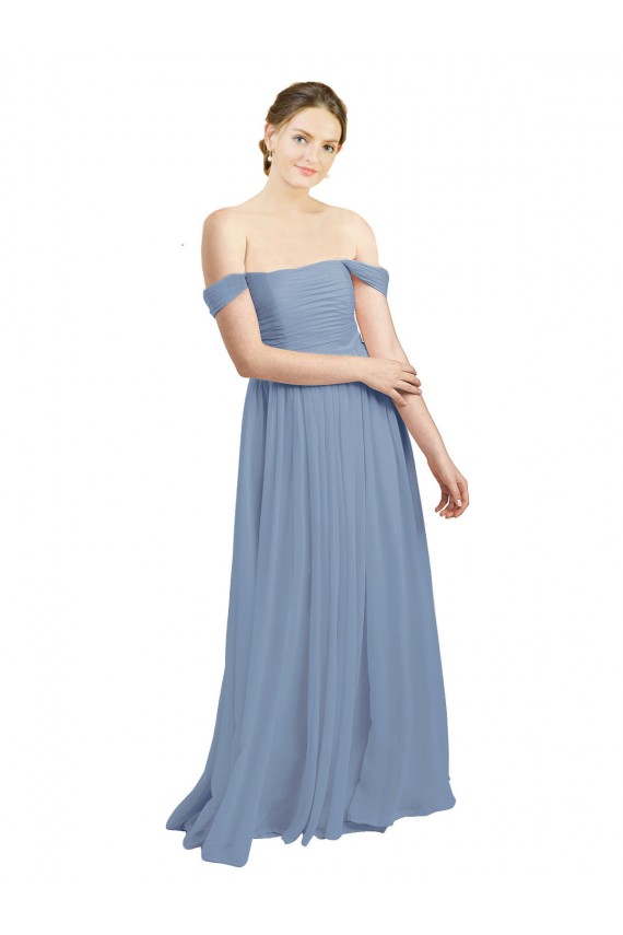 Online Long Floor Length Chiffon Bridesmaid Dress with Fluttering Off the Shoulder Straps