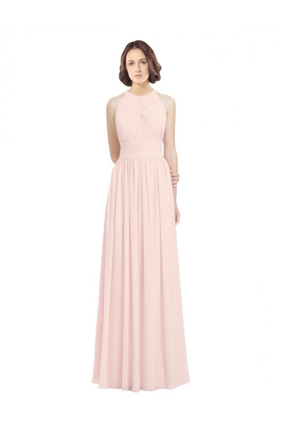 Online Sleeveless Chiffon High Neck Bridesmaid Dress with Diagonal Pleats