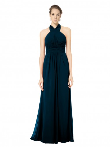 Online Keyhole Back Long Chiffon Halter Dress with Halter Straps Cross Neck