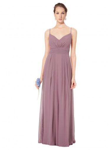 Online V-Neck Spaghetti Strap Open Back Long Chiffon Bridesmaid Dress