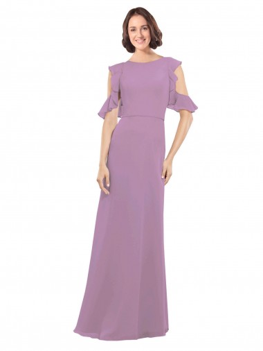 Online Long Chiffon Bridesmaids Dress with Flounced Sleeve Detail and Criss Cross Back