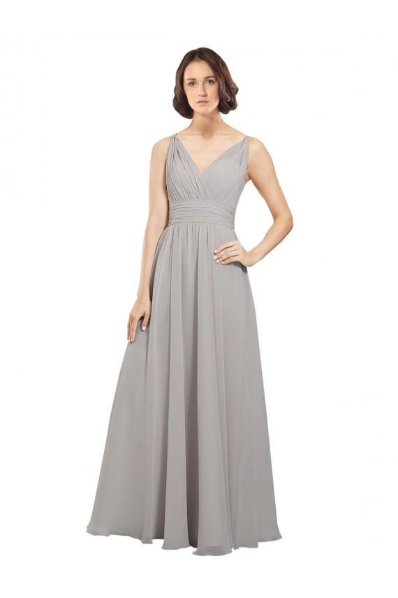 Online Twist Shouder Full Chiffon Bridesmaids Dress with V-Neckline and V-Back