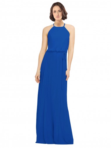 Online Long Jewel Neckline Chiffon Bridesmaids Dress wit Chiffon Tie Sash
