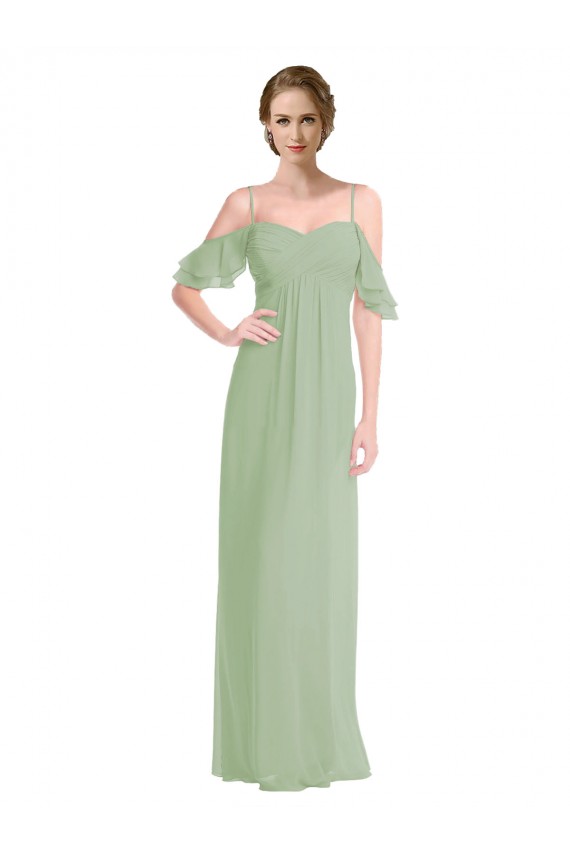 Online Long Chiffon Off-The-Shoulder Bridesmaid Dress with Double Flounce Sleeves