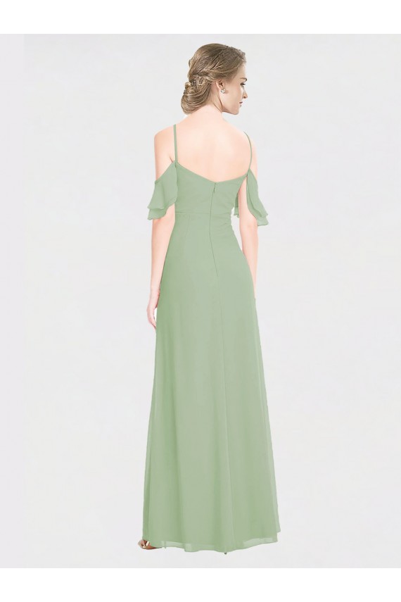 Online Long Chiffon Off-The-Shoulder Bridesmaid Dress with Double Flounce Sleeves