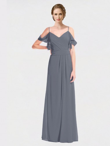 Online Long Chiffon Spaghetti Strap V-Neck Bridesmaid Dress with Off-The-Shoulder Flutter Sleeves