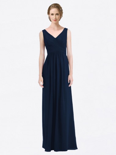 Online Long Chiffon V-Neck Sleeveless Bridesmaid Dress with Criss-Cross Pleated Bodice