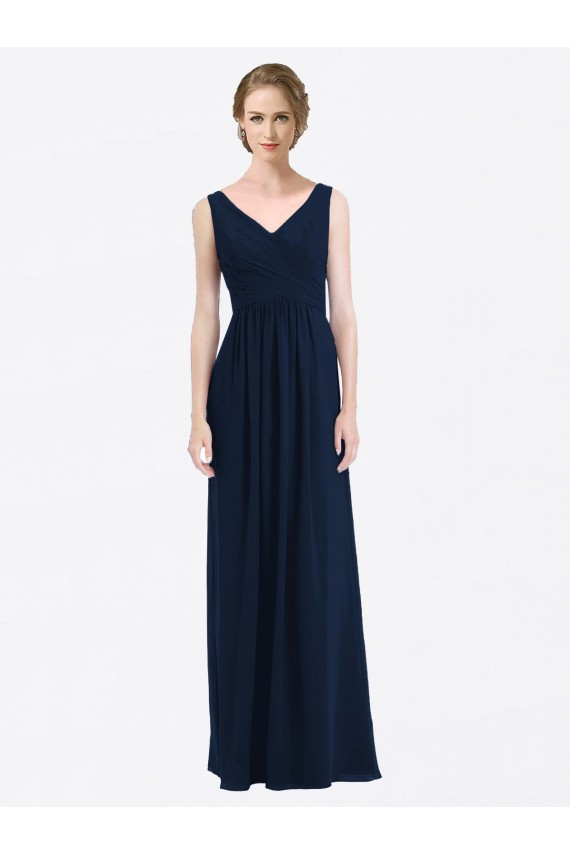 Online Long Chiffon V-Neck Sleeveless Bridesmaid Dress with Criss-Cross Pleated Bodice
