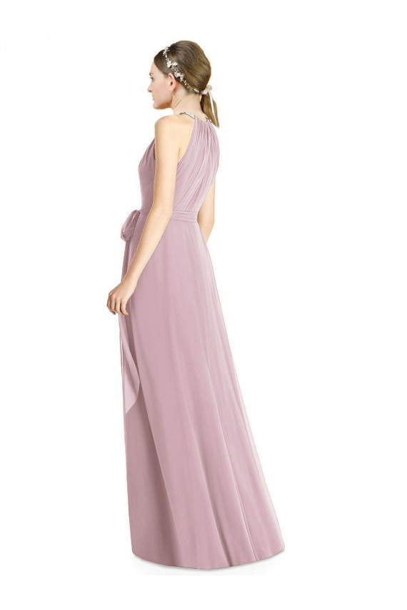 Online Shirred Halter Neck Long Chiffon Bridesmaid Dress