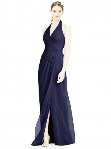 Online V-Neck Halter Chiffon Bridesmaid Dress with Side Front Slit