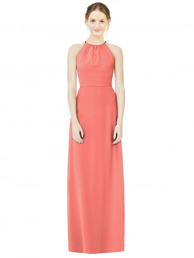 Online Open Back Shirred Halter Chiffon Bridesmaid Dress