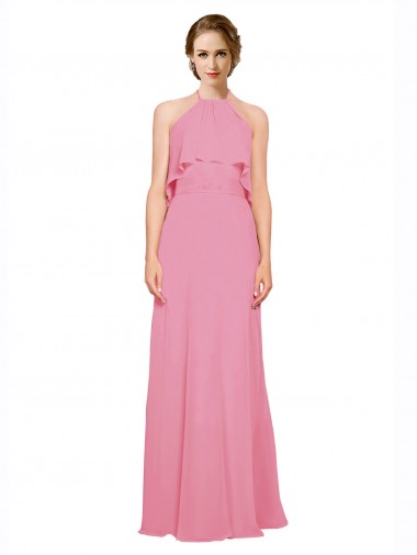 Online Ruffle Halter Neck A-Line Chiffon Bridesmaid Dress with Open Back
