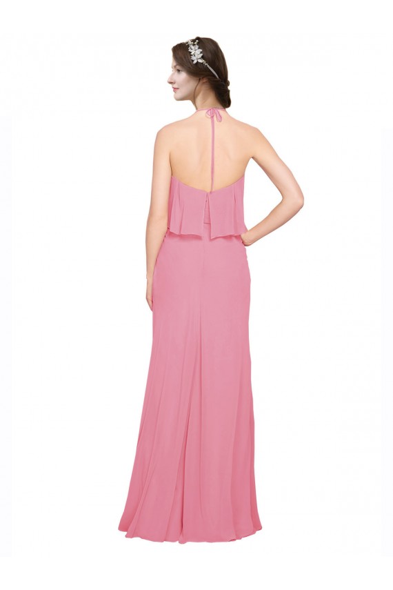 Online Ruffle Halter Neck A-Line Chiffon Bridesmaid Dress with Open Back