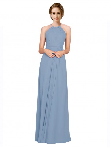 Online Pleated Halter Neckline A-Line Chiffon Bridesmaid with Criss Cross Back