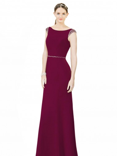 Online Slim Chiffon Bridesmaid Dress with Embellished Capped Sleeves