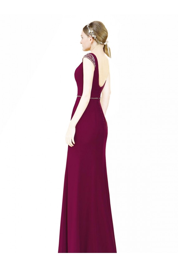Online Slim Chiffon Bridesmaid Dress with Embellished Capped Sleeves