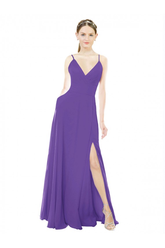 Online Long Chiffon A-Line Bridesmaid Dress with Deep V-Neckline and Side Slit