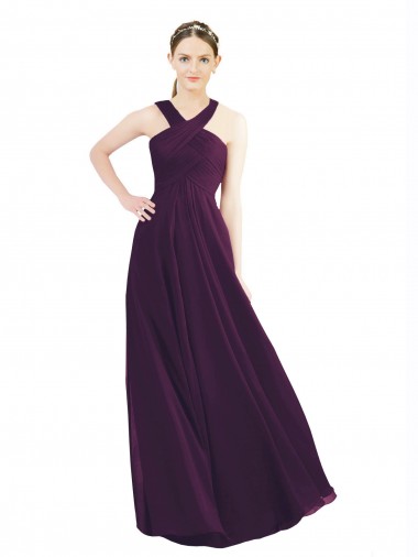 Online Draped Long Chiffon Bridesmaid Dress with Unique Crossed Neckline