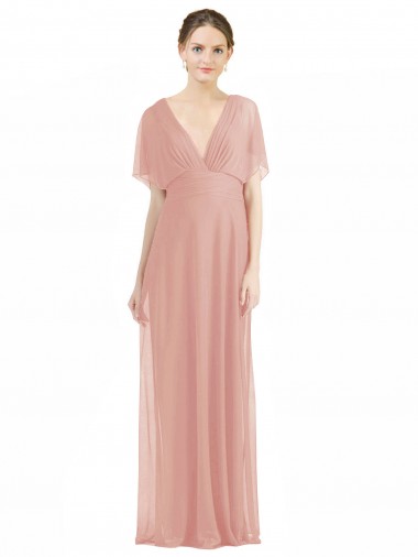 Online Draped Short Sleeves Long Chiffon A-Line Bridesmaid Dress