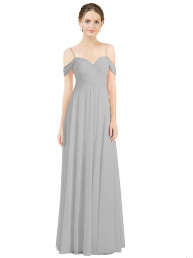 Online Off the Shoulder Long Chiffon Bridesmaid Dress with Ruched Bodice