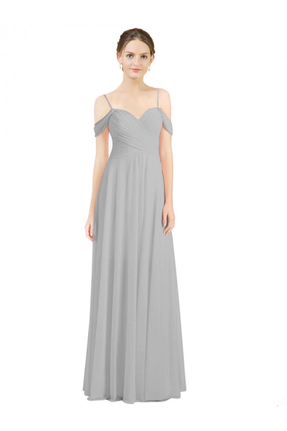 Online Off the Shoulder Long Chiffon Bridesmaid Dress with Ruched Bodice
