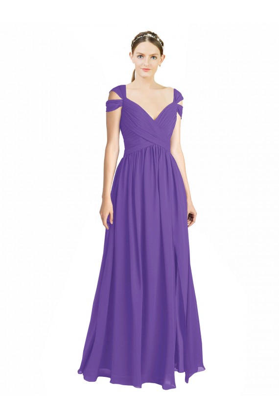 Online Off the Shoulder Cap Sleeves Chiffon Bridesmaid Dress with Pleats