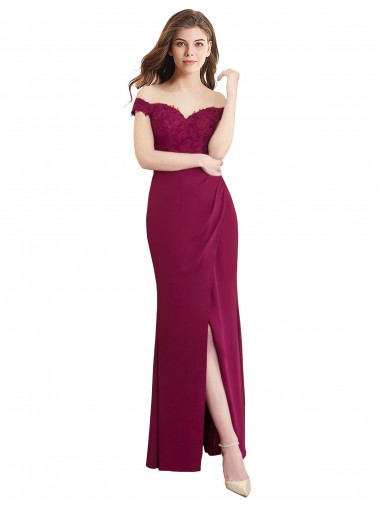 Online Off the Shoulder Chiffon Bridesmaid Dress with Lace Appliques and Front Slit