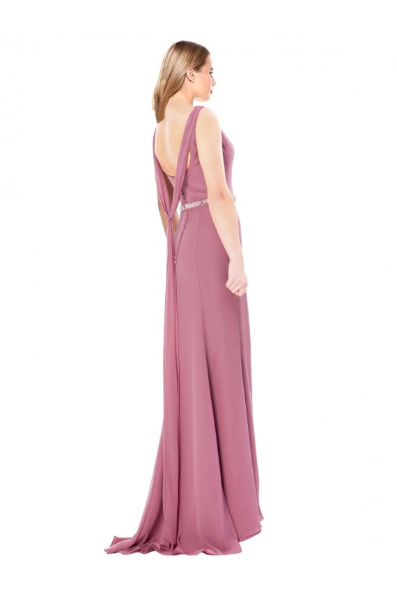 Online Long Slim Chiffon Bridesmaid Dress with Beaded Waist