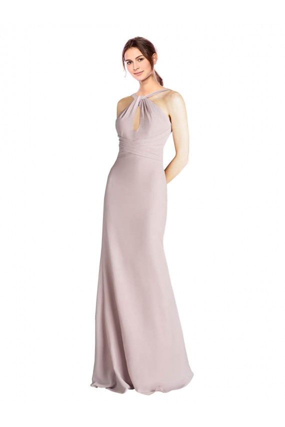 Online Long Slim Chiffon Bridesmaid Dress with Ruffled Waist and Keyhole
