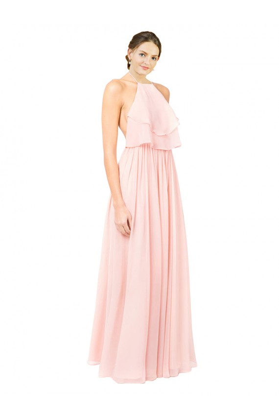 Online Halter Neck Chiffon Bridesmaid Dress with Double Ruffle Front